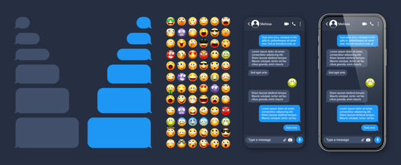 Smartphone messaging app, user interface with emoji. SMS text frame. Chat screen, blue message bubbles. Texting app for communication. Social media application. Dark mode. Vector illustration