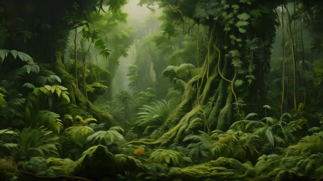 Prehistoric flora with ferns and scale trees on ancient landscape vegetation animation