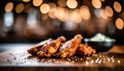 Copy Space image of Grilled chicken wings with sauces on a wooden board. Traditional baked bbq buffalo wing on bokeh background. - Powered by Adobe