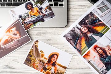 Printed colorful photos of women portraits. Printing photos concept