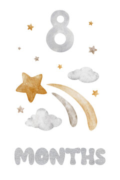 Baby Milestone Card with flight stars, clouds and stars. Baby's eighth month. Eight months of baby. Monthly numbers cards. Newborn month postcard. Card for kids' photos.