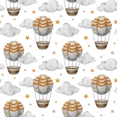 Hot Air Balloon with basket, clouds and stars. Watercolor seamless pattern. Cute baby background. For kid's goods, clothes, textile, postcards, baby shower, wallpaper and children's room