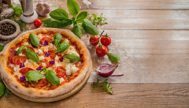 Copy Space image of Pizza Margherita on wooden background, landscape view background.