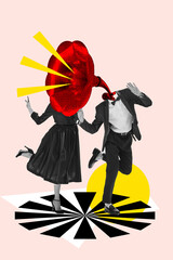 Stylish cheerful man and woman in elegant clothes, with gramophone on head dancing over light pink...