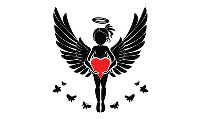 Cute girl with wings flying with butterflis, having heart in hands vector design