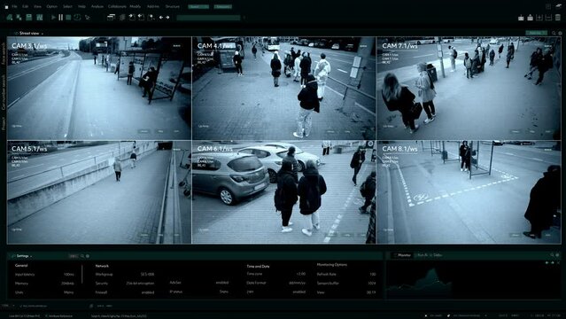 CCTV AI Facial Recognition Camera Authentificating People on Street. Security Camera Surveillance Footage Identity Scanning Crowds of People Walking Safely on Big City Streets. Big Data AI Analysis