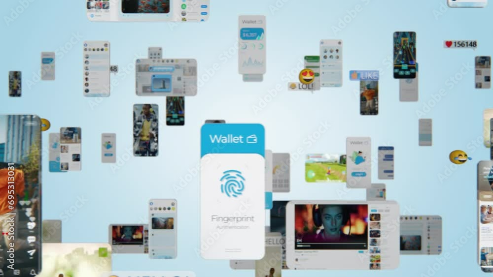 Poster Social Media Mega App Concept: Animated Stream of Content. Browsing through Multimedia all in one Entertaiment, Messaging, TV, Videos, emoji, Sharing, Video Game Playing, Fintech Online Shopping