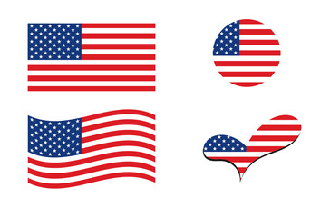 American flag. USA flag in heart shape. USA flag in circle shape. Country flag variations. 