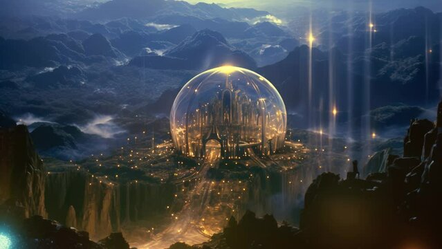A fantasy dome city under a glass sphere fantasy landscape animation