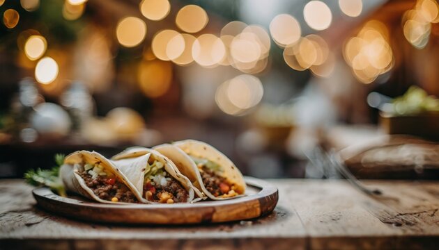 Copy Space image of Burrito wraps from fillet grilled chicken, pickles, tomatoes and cheese on night bokeh street background