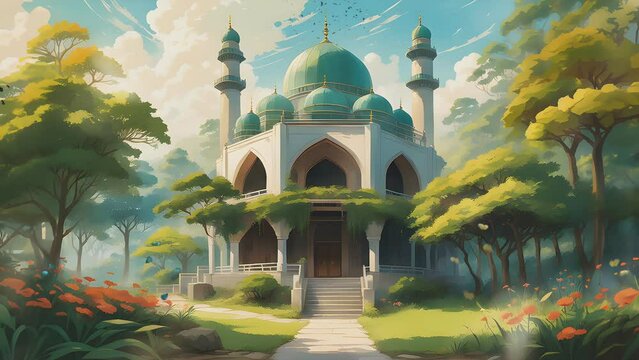 Beautiful mosque building in the forest. Cartoon or anime watercolor digital painting illustration style. seamless looping 4K virtual video animation background.