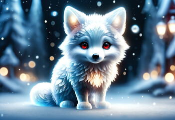 Cute and adorable baby fox sitting in snow field. Generative AI