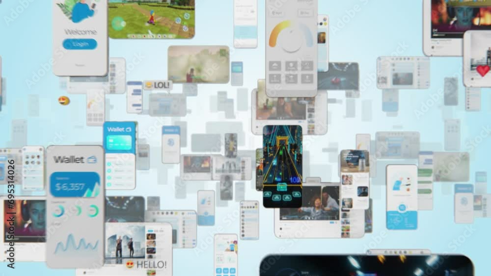 Aufkleber Social Media Mega App Concept: Animated Stream of Content. Browsing through Multimedia all in one Entertaiment, Messaging, TV, Videos, emoji, Sharing, Video Game Playing, Fintech Online Shopping