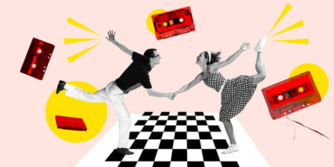Positive, cheerful young man and woman dancing over light background with music cassettes. Contemporary art collage. Concept of retro style, party, creativity, inspiration, fun and joy. Poster