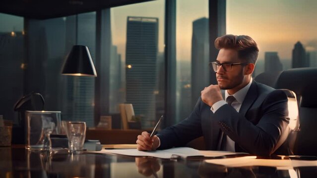 Businessman sitting and working in office in big city animation footage. Skyscrapers in the background