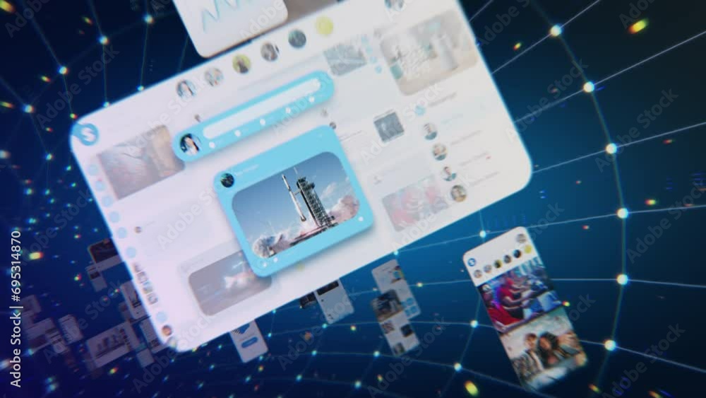 Aufkleber Social Media Internet Web Concept: Animated Stream of Content. Browsing through Multimedia all in one Entertaiment, Messaging, TV, Videos, emoji, Sharing, Video Game Playing, Fintech Online Shopping