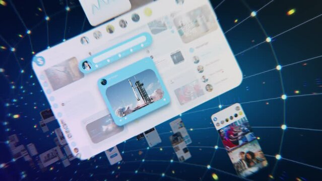 Social Media Internet Web Concept: Animated Stream of Content. Browsing through Multimedia all in one Entertaiment, Messaging, TV, Videos, emoji, Sharing, Video Game Playing, Fintech Online Shopping