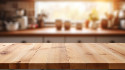 Fototapeta na wymiar Wood table top on blurred kitchen background created with Generative Ai
