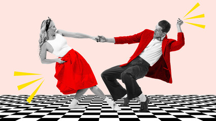 Stylish artistic couple, man and woman dancing over light background. Contemporary art collage....