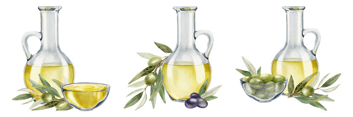 Set of Bottles of olive oil, olive branches, leaves and fruits. Fresh organic extra virgin olive...