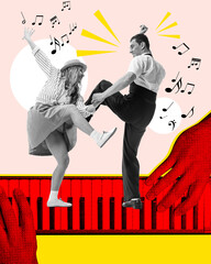 Stylish young woman and man dancing on piano keys over light background. Celebration. Contemporary...