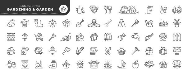 Set of line icons in linear style. Series - Gardening and garden. Growing plants and gardening tools. Outline icon collection. Conceptual pictogram and infographic. Editable stroke.