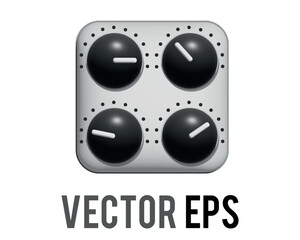 The isolated vector silver square audio mixing console 3D icon with four black control knobs, button, white pointers and scale markings