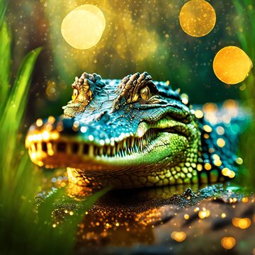 Crocodile in wide aperture surrounded by beautiful bokeh lights, and enjoying its habitat.