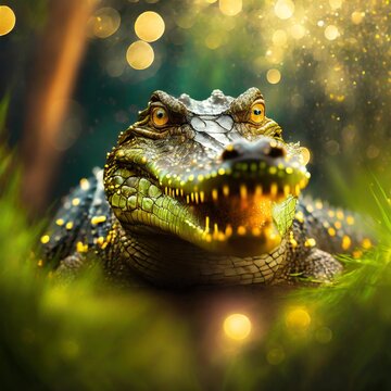 Crocodile in wide aperture surrounded by beautiful bokeh lights with its mouth slightly opened.