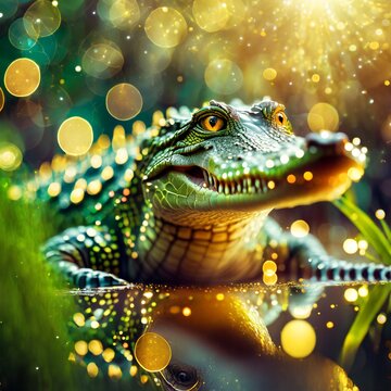 Crocodile in wide aperture surrounded by beautiful bokeh lights.
