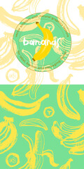Obraz premium Color banana pattern seamless for banner template. Banana wallpaper. Tropical ornament with crayon texture. Vector bananas background.