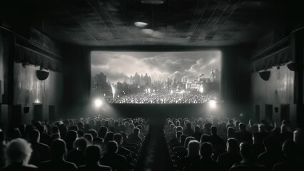 Black and white movie theater with a crowd watching an old noir movie with retro projector lights zooming out animation - Powered by Adobe