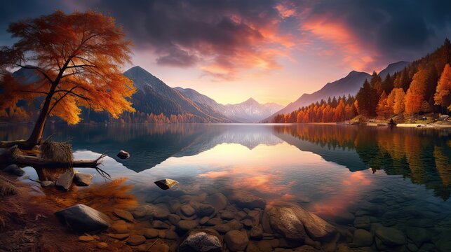 Fantastic autumn sunset of Hintersee lake