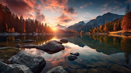 Fantastic autumn sunset of Hintersee lake - obrazy, fototapety, plakaty