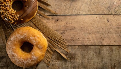 Copy Space image of Donuts with powdered sugar on wooden table on black background - obrazy, fototapety, plakaty