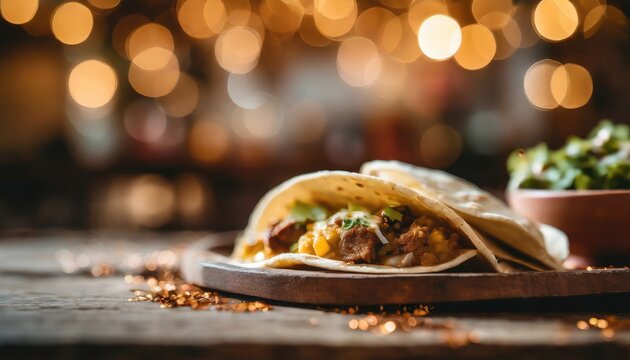 Copy Space image of Burrito wraps from fillet grilled chicken, pickles, tomatoes and cheese on night bokeh street background