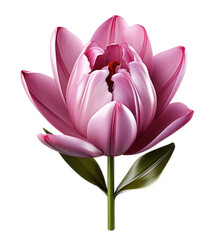 Pink Tulip flower plant with leaves cutout on transparent background. Valentine's day-wedding. advertisement. product presentation. banner, poster, card, t shirt, sticker.