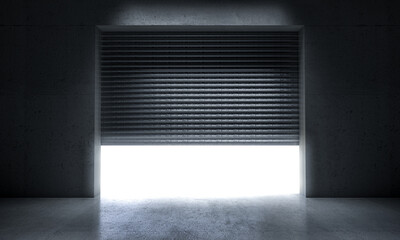 Garage entrance with metal shutter and concrete wall. - obrazy, fototapety, plakaty