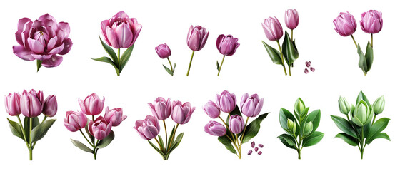 Set of Pink Tulips flower plant with leaves#01 cutout on transparent background. Valentine's day-wedding. advertisement. product presentation. banner, poster, card, t shirt, sticker. - obrazy, fototapety, plakaty