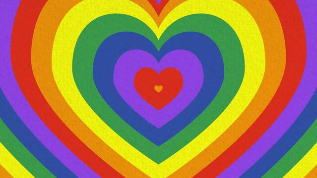Seamless looped retro background with rainbow hearts, grainy texture, 4k animation cartoon footage