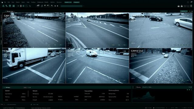 CCTV Traffic Speeding Security Camera. Road Safety Supervision Technology in the Middle of Busy Urban City Area with Intense Car Driving. Software Interface of Monitoring Speed Limit and Road Safety