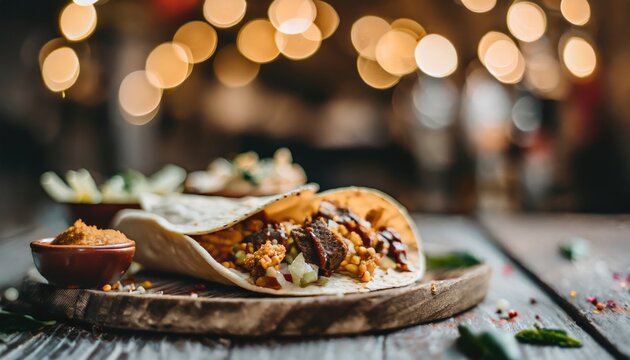 Copy Space image of Burrito wraps from fillet grilled chicken, pickles, tomatoes and cheese on night bokeh street background