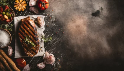 Fotobehang BBQ Grilled rib eye steak, fried rib eye beef meat on a plate with green salad. Dark background. © ImagineWorld