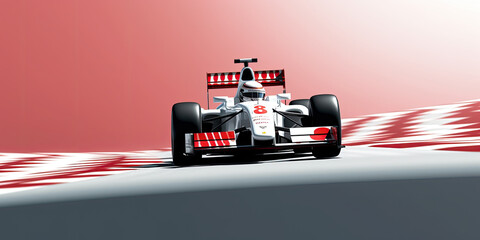 A fast red and white race car zooming along a track, perfect for race car events, sports posters, or automotive designs needing a dynamic touch.formula 1 winner - obrazy, fototapety, plakaty