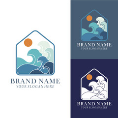 Fototapeta premium Creative House Home with Wave Beach Ocean Sea and Sun Sunset Logo Design Branding Template etc
