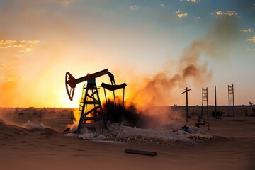 Naklejka premium oil pump jack in sunset