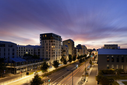 Bordeaux sunset city color of night with traffic and animation