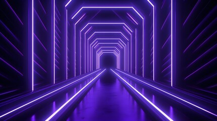 A corridor with black bars and purple and white light behind it, in the style of optical geometry, 8k 3d, strong diagonals, neon lights, minimalist stage designs, zigzags, neon and fluorescent light 
