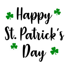 Logo del día de San Patricio. Letras de la frase Happy St Patrick's Day en texto manuscrito con treboles para su uso en felicitaciones y tarjetas