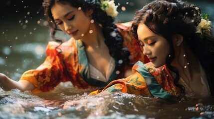 Thai women Wear the Thai national costume, Bolan. Three people splashing in the water According to the Thai Songkran - obrazy, fototapety, plakaty